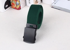 Close-up of durable dark green nylon canvas belt with a matte black smooth metal buckle