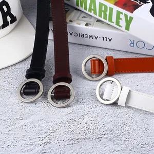 Women Fashion PU Leather Belt Round Metal Buckle Minimalist Holeless Waistband For Jeans Dress Stylish Lady Thin Belt