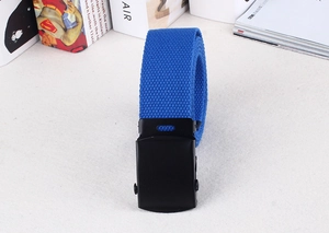 Detailed view of royal blue nylon canvas belt featuring a matte black metal buckle