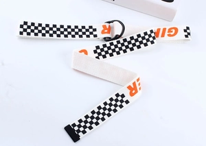 Détail d'une ceinture en toile à damier avec texte orange et boucle noire à double anneau D