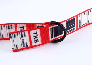 Détail de la ceinture en toile tressée rouge et blanche avec boucles doubles D et imprimé
