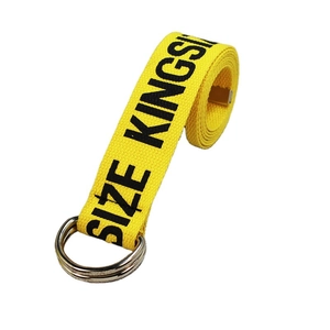 Industrial yellow nylon canvas belt with silver double D-rings and black letter print