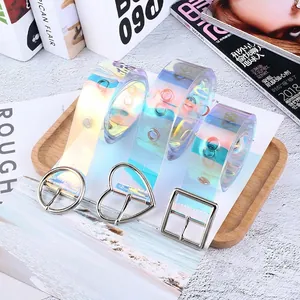 Ceinture Holographique Irisée Mode Femme Transparent Laser PVC Sangle de Taille Avec Boucle Carrée Ronde Coeur Œillets Métalliques Accessoire Tendance