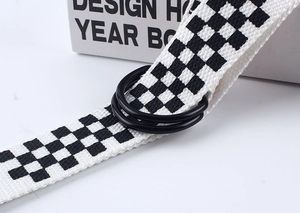 Détail d'une ceinture en toile à damier montrant la boucle à double anneau en D noir