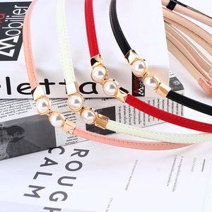 Elegant Women PU Leather Thin Belt Dual Artificial Pearl Gold Buckle Adjustable Waistband For Dress Fashion Decorative Belt