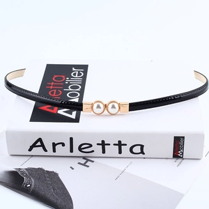 Minimalist black patent leather skinny belt for women with gold pearl buckle accessory
