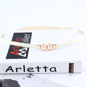 Elegant thin cream leather waist belt for women featuring a double pearl gold buckle design