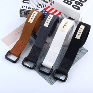 Canvas belts with double D-ring buckles in brown, gray, white, and black colors