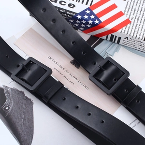 Minimalist black leather belt with matte square pin buckle and adjustable round holes