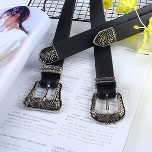 Vintage western floral engraved buckle belt in black faux leather for dresses and jeans