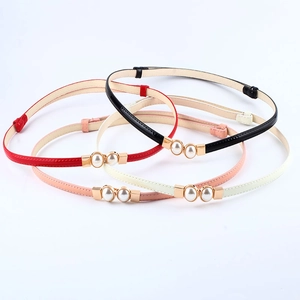 Women's slim leather belts with gold double pearl buckles in red black pink and white