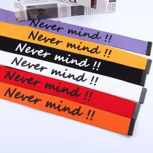 Set of six colorful woven canvas belts with double ring buckles and Never Mind text