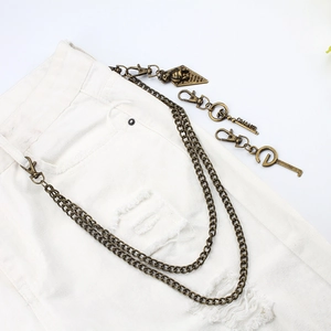 Vintage bronze double-layer hip hop trousers chain with various metal charms on denim jeans