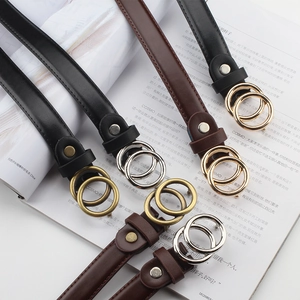 Vintage Double Ring Skinny PU Leather Belt For Women Gold Silver Buckle Retro Minimalist Thin Waist Strap For Jeans Dress