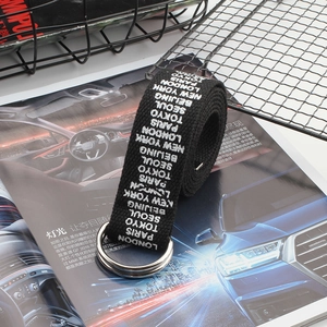 Black canvas belt with silver double D-ring buckle and white global city name prints