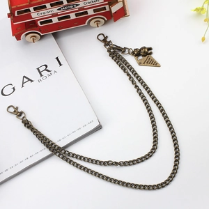 Detail of vintage bronze double-layer wallet chain with bear charm and snap hooks