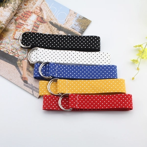 Set of five polka dot nylon canvas belts with double D-ring metal buckles in various colors
