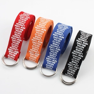 Fashion long canvas belts with D-ring metal buckles and printed city names for unisex wear