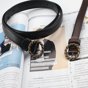 Ceintures fines en cuir noir et marron avec boucle ronde dorée tressée vintage