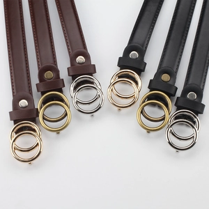 Minimalist double circle buckle skinny belts for women in black and brown leather