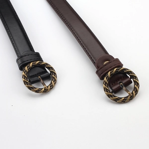 Ceinture fine en cuir classique avec boucle ronde en laiton en noir et brun foncé