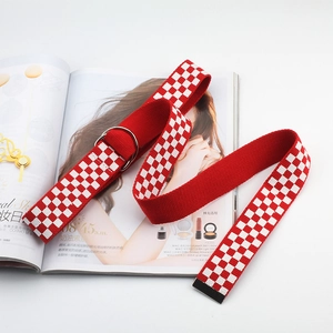Détail de la ceinture en toile à carreaux rouges et blancs avec boucle double D argentée