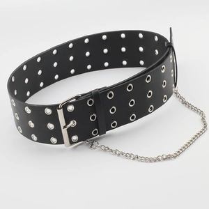Punk Women Wide Faux Leather Belt Three Row Metal Grommet Eyelet Waistband With Detachable Metal Chain Fashion Decor