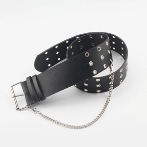 Punk black faux leather wide waist belt with three rows of silver grommets and chain
