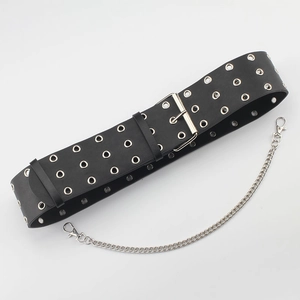 Punk style black leather wide waist belt with triple metal eyelets and silver chain