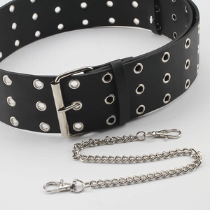 Punk style black wide leather belt with three rows of silver eyelets and a metal chain