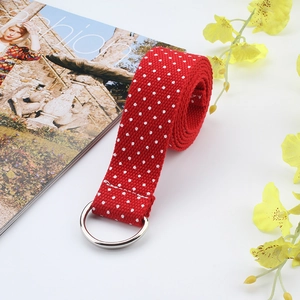 Close-up of red and white polka dot nylon canvas belt with silver double D-ring buckle