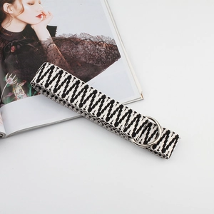 Minimalist black and white wave pattern woven nylon canvas belt with silver double D-ring buckle