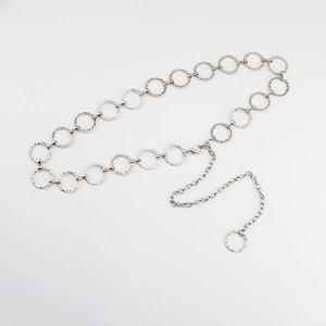 Adjustable silver metal chain belt with hammered rings for women dresses and fashion accessories
