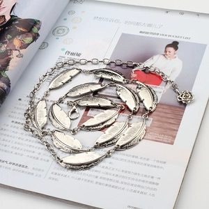 Silver vintage feather waist chain with rose pendant for women dresses