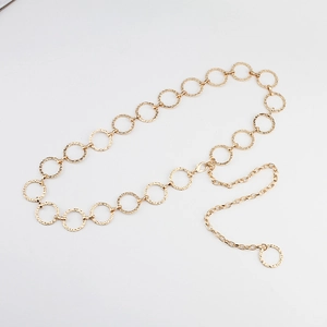 Fashionable gold metal waist chain belt with textured rings for women's dresses