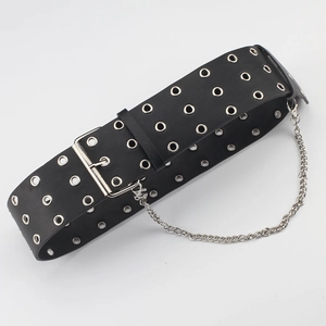 Punk wide black leather belt with four rows of silver eyelets and a decorative chain