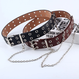 Punk style double grommet belts in black and brown with metal chains for jeans