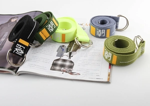 Detail of colorful street style canvas belts with double D-ring buckles and text print