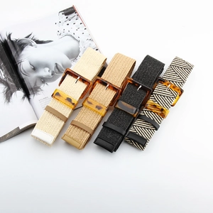 Women Vintage Woven Waist Belt With Square Resin Buckle Tortoiseshell Pattern Elastic Straw Belt For Dresses Casual Style