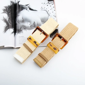 Elastic woven striped waist belt with tortoise shell buckle for summer dresses