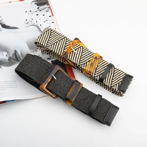 Elastic woven belt set with tortoiseshell buckle in black and geometric stripe patterns