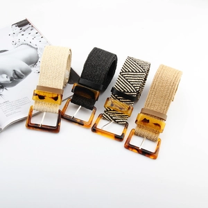 Detail of woven elastic waist belts with vintage resin buckles in multiple colors