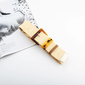 Detail of woven elastic waist belt with tortoise shell buckle on fashion magazine