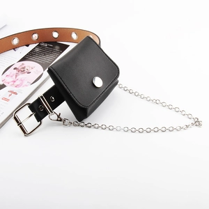 Mini sac de ceinture en cuir PU noir style punk avec chaîne argentée et œillets