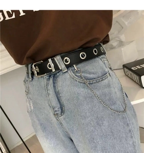 Punk style black belt with silver metal eyelets and a detachable long side chain