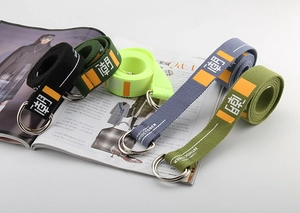 Close-up of five colored canvas belts with silver double D-ring buckles and text prints