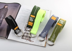 Detail of five colored canvas belts featuring double D-ring buckles and character printing