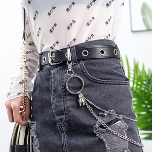 Women Punk Black PU Leather Belt With Detachable Silver Metal Layered Chains Bear Charm Grommet Waistband For Jeans Daily Party