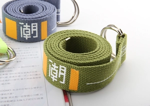 Detail of canvas belt with metal double D-ring buckle and embroidered character print