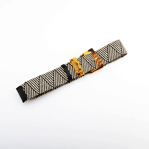 Vintage elastic woven waist belt with chevron pattern and amber resin square buckle